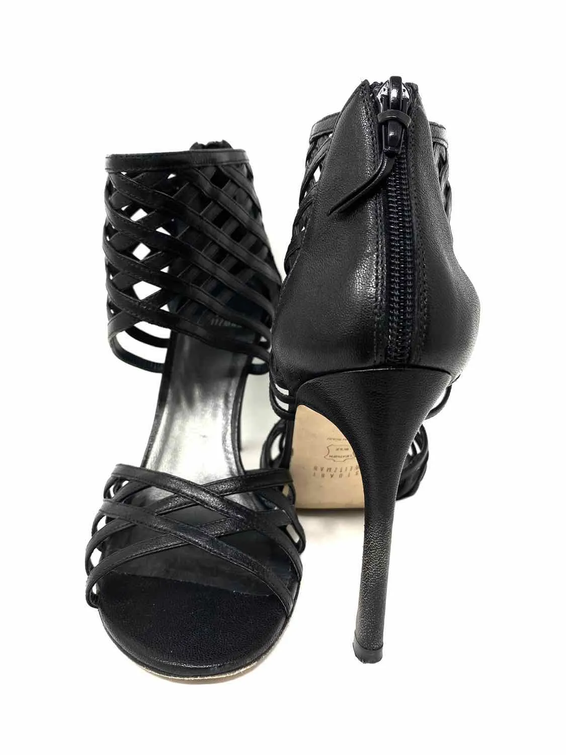 Stuart Weitzman Cajun Women's Black Stiletto Leather woven Size 7.5 Sandals