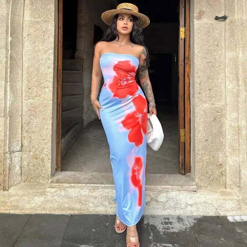 Summer Women's Dresses Slim Slit Tube Long Dress Summer Sexy Pint Party Beach Dresses Women's Clothing