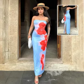 Summer Women's Dresses Slim Slit Tube Long Dress Summer Sexy Pint Party Beach Dresses Women's Clothing