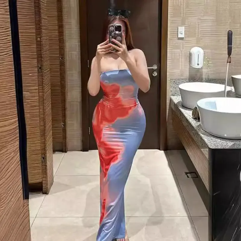 Summer Women's Dresses Slim Slit Tube Long Dress Summer Sexy Pint Party Beach Dresses Women's Clothing