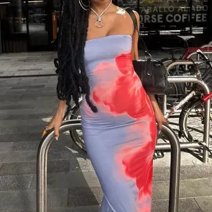 Summer Women's Dresses Slim Slit Tube Long Dress Summer Sexy Pint Party Beach Dresses Women's Clothing