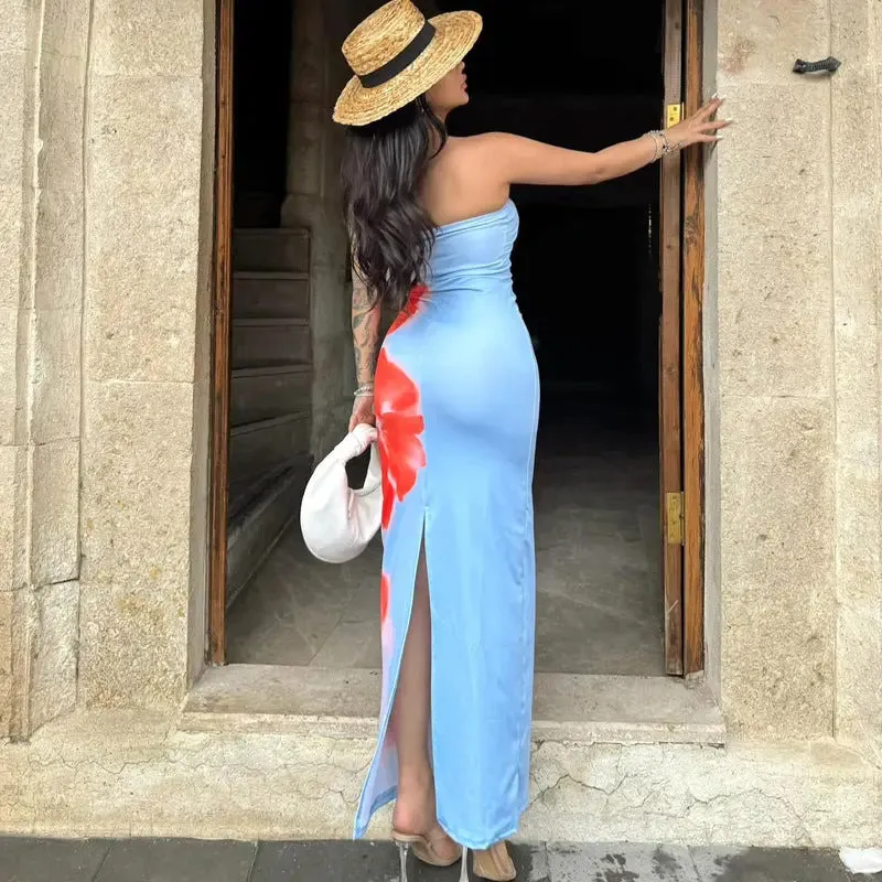 Summer Women's Dresses Slim Slit Tube Long Dress Summer Sexy Pint Party Beach Dresses Women's Clothing