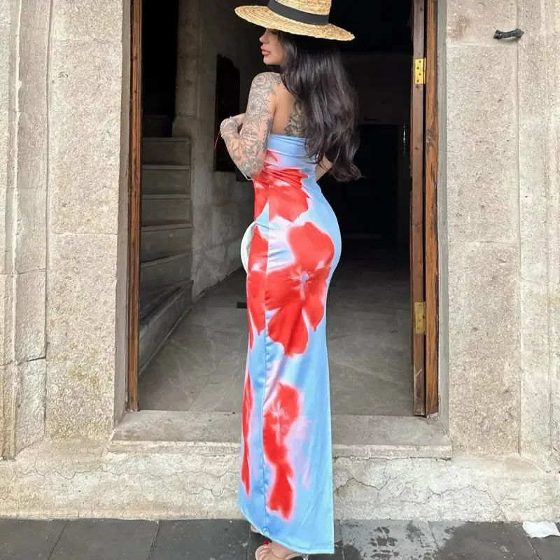 Summer Women's Dresses Slim Slit Tube Long Dress Summer Sexy Pint Party Beach Dresses Women's Clothing