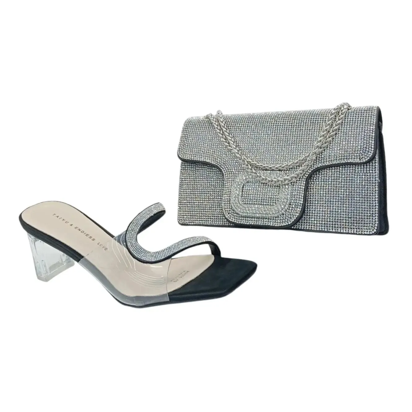 Taiyu Endless Love Rhinestone Clear Heel Mule & Clutch Set
