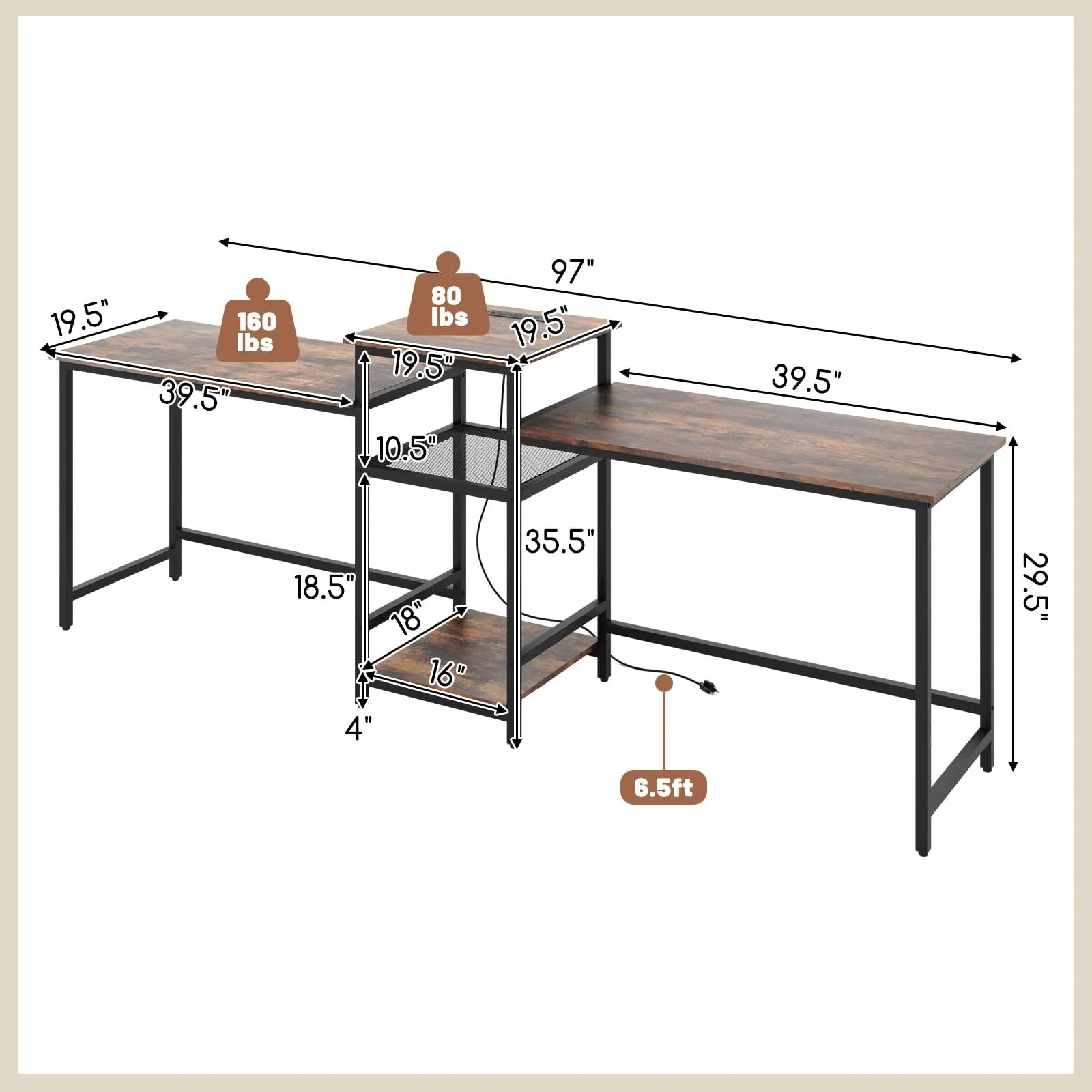 Tangkula 97" Extra Long 2-Person Computer Desk with Power Outlet