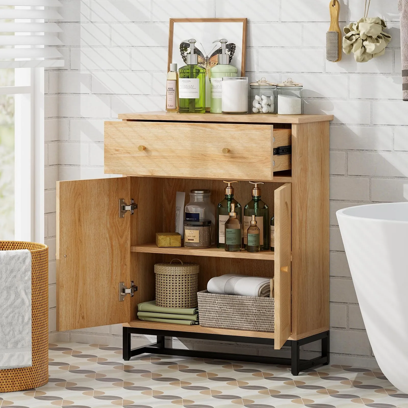 Tangkula Bathroom Storage Cabinet with Rattan Doors & Drawer, Sideboard Buffet Cabinet Coffee Bar(Farmhouse, Natural)