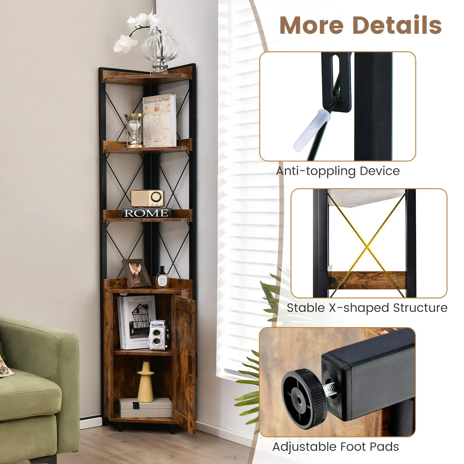 Tangkula Tall Corner Storage Cabinet, 71" Industrial 6 Tier Storage Shelf w/Door Cabinet