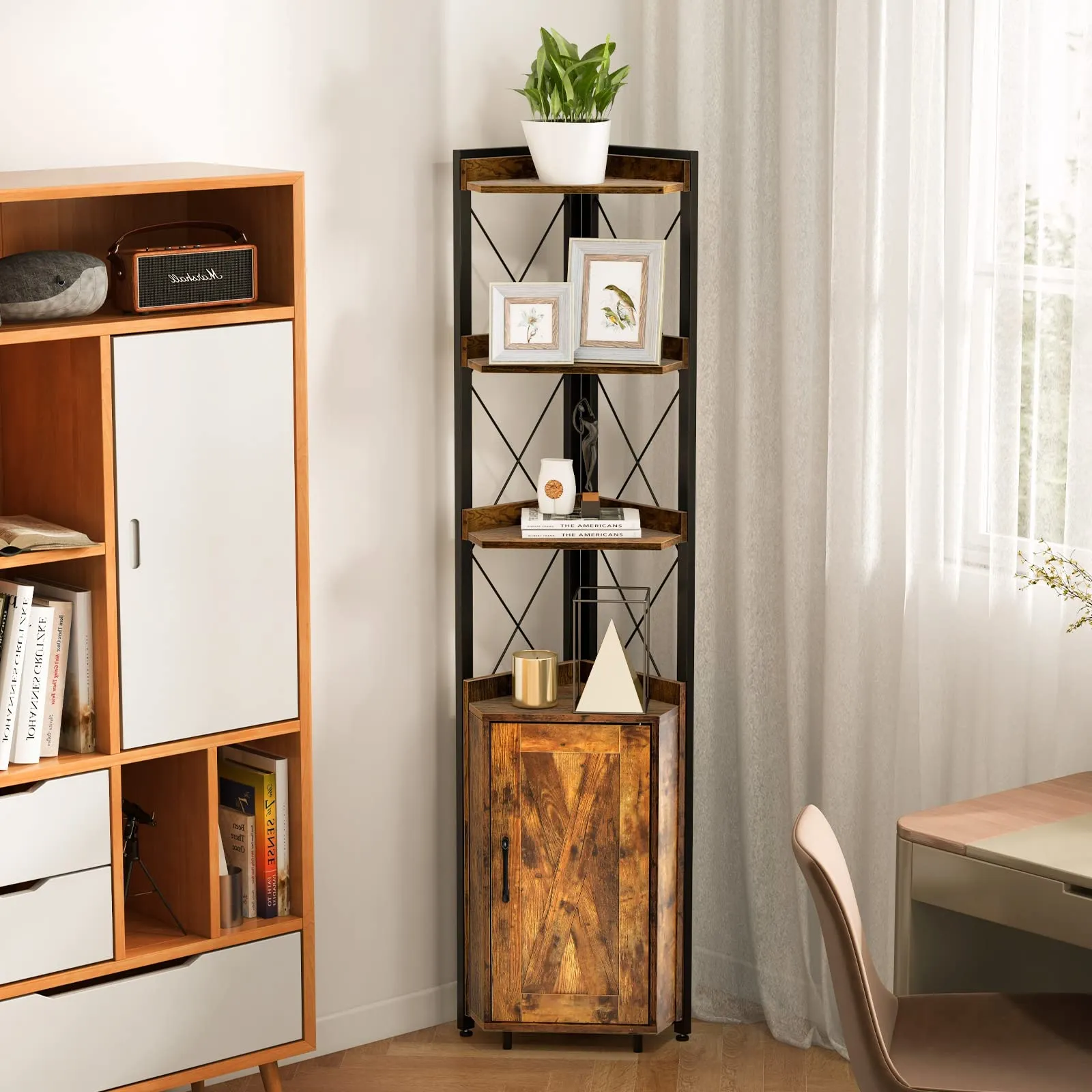 Tangkula Tall Corner Storage Cabinet, 71" Industrial 6 Tier Storage Shelf w/Door Cabinet