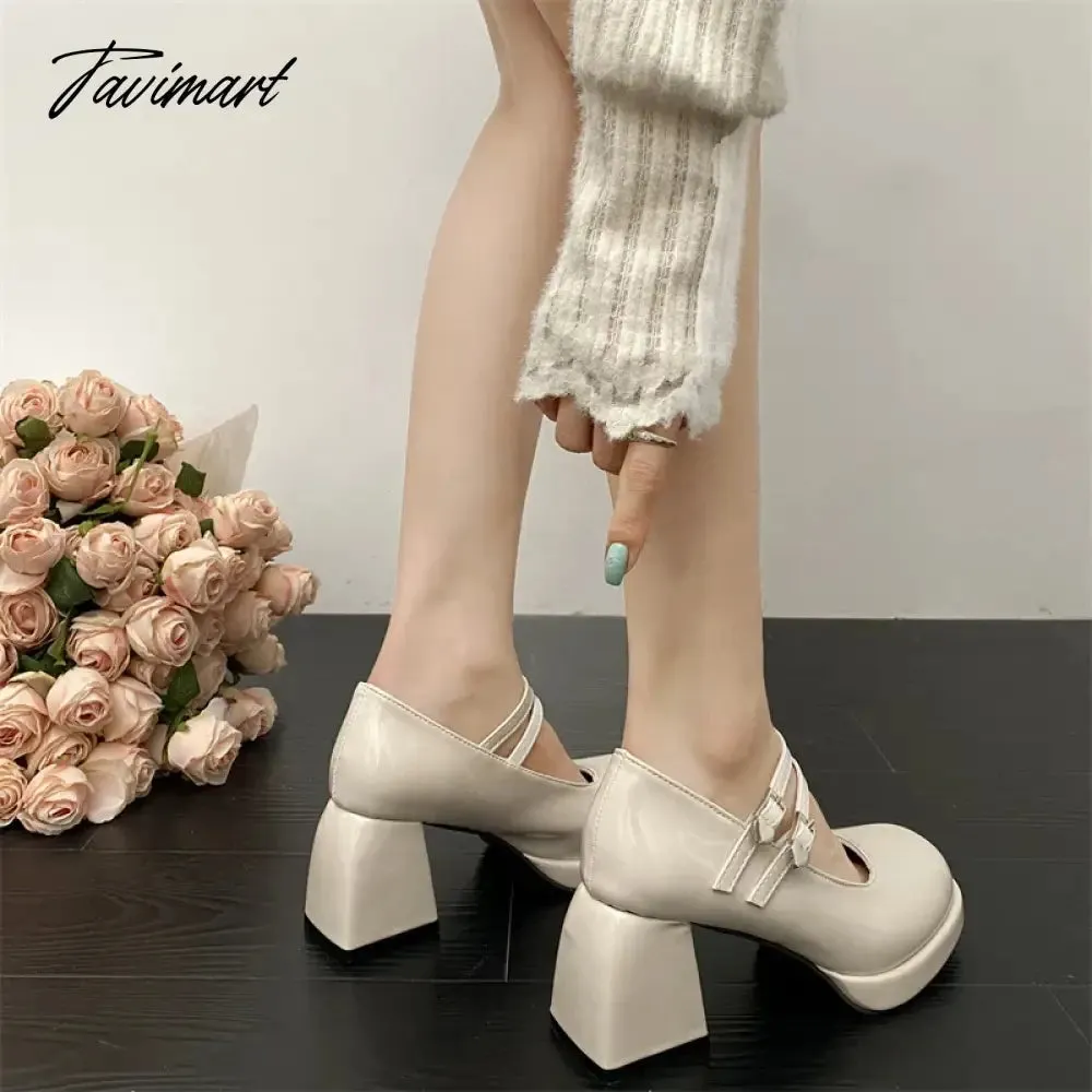 TAVIMART -  Black Patent Leather Thick Heels Pumps Women Heart Buckle Platform Mary Jane Shoes Woman Fashion High Heeled Party Shoes Ladies