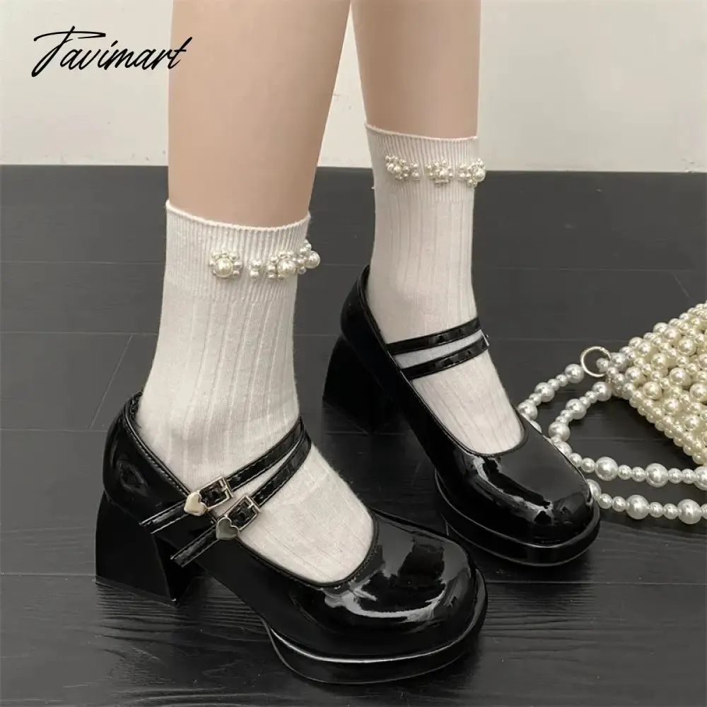 TAVIMART -  Black Patent Leather Thick Heels Pumps Women Heart Buckle Platform Mary Jane Shoes Woman Fashion High Heeled Party Shoes Ladies