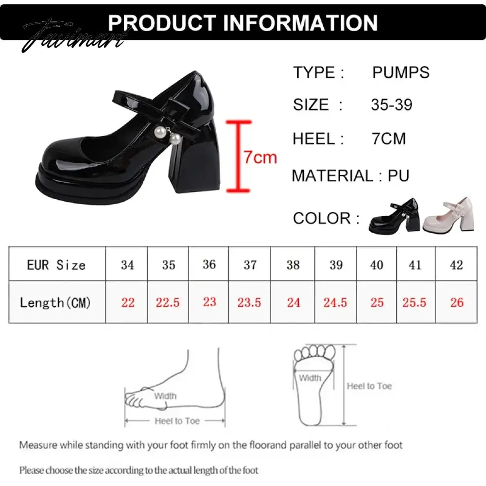 Tavimart Fashion Black White Platform Pumps for Women Bowknot Strap Thick Heels Mary Jane Shoes Woman Sweet High Heel Party Shoes Ladies