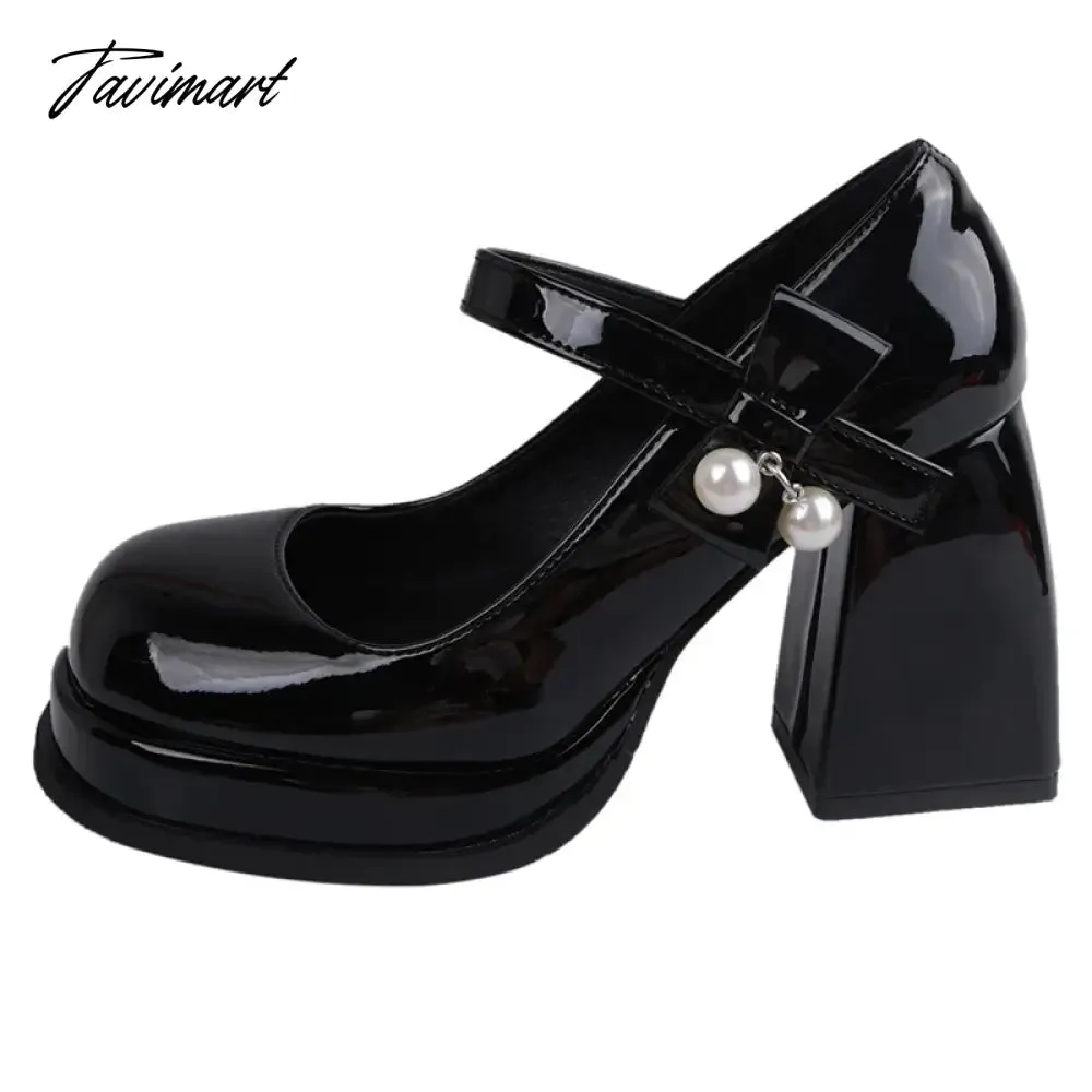Tavimart Fashion Black White Platform Pumps for Women Bowknot Strap Thick Heels Mary Jane Shoes Woman Sweet High Heel Party Shoes Ladies