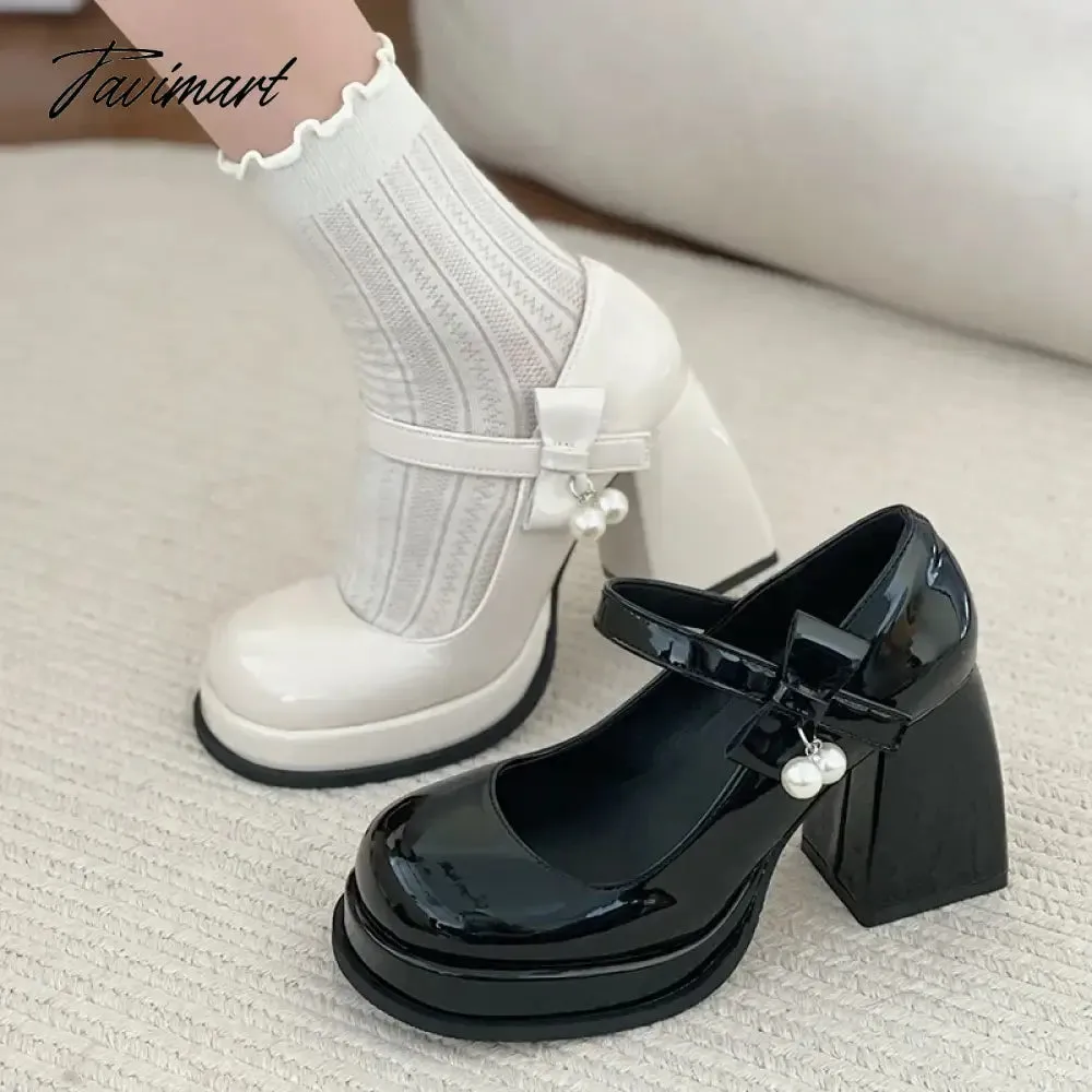Tavimart Fashion Black White Platform Pumps for Women Bowknot Strap Thick Heels Mary Jane Shoes Woman Sweet High Heel Party Shoes Ladies