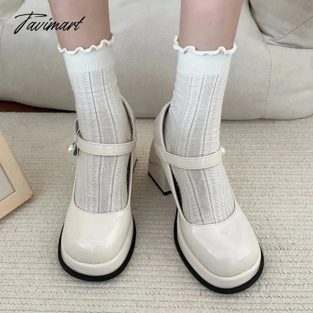 Tavimart Fashion Black White Platform Pumps for Women Bowknot Strap Thick Heels Mary Jane Shoes Woman Sweet High Heel Party Shoes Ladies