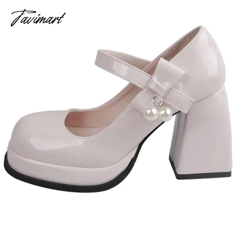 Tavimart Fashion Black White Platform Pumps for Women Bowknot Strap Thick Heels Mary Jane Shoes Woman Sweet High Heel Party Shoes Ladies