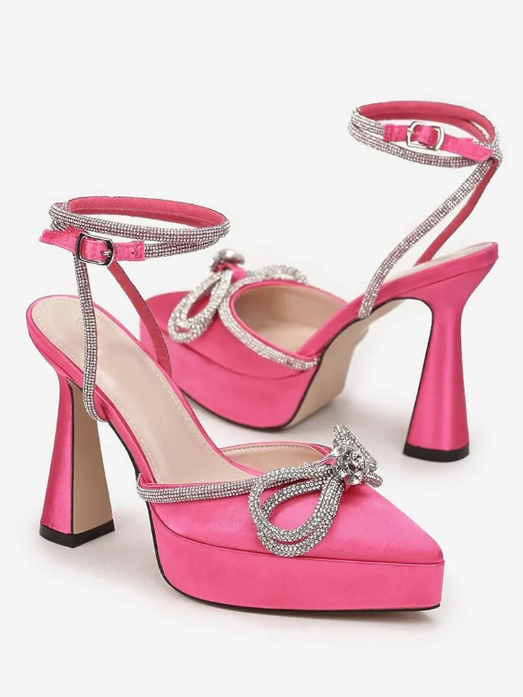 Toleet Satin Rhinestone Platform Bow Heels
