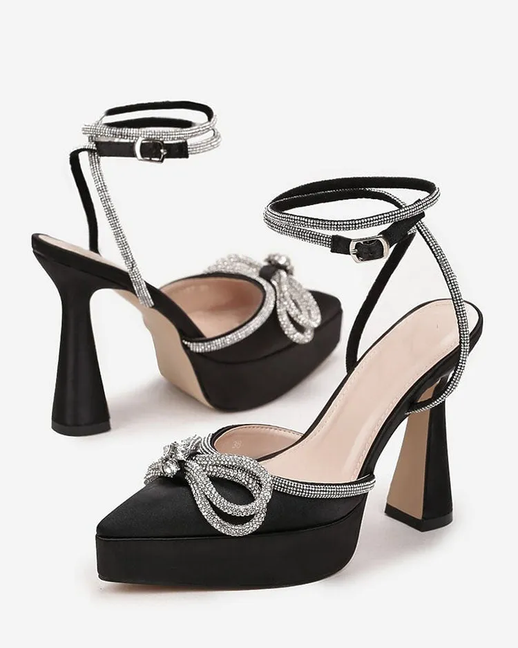 Toleet Satin Rhinestone Platform Bow Heels
