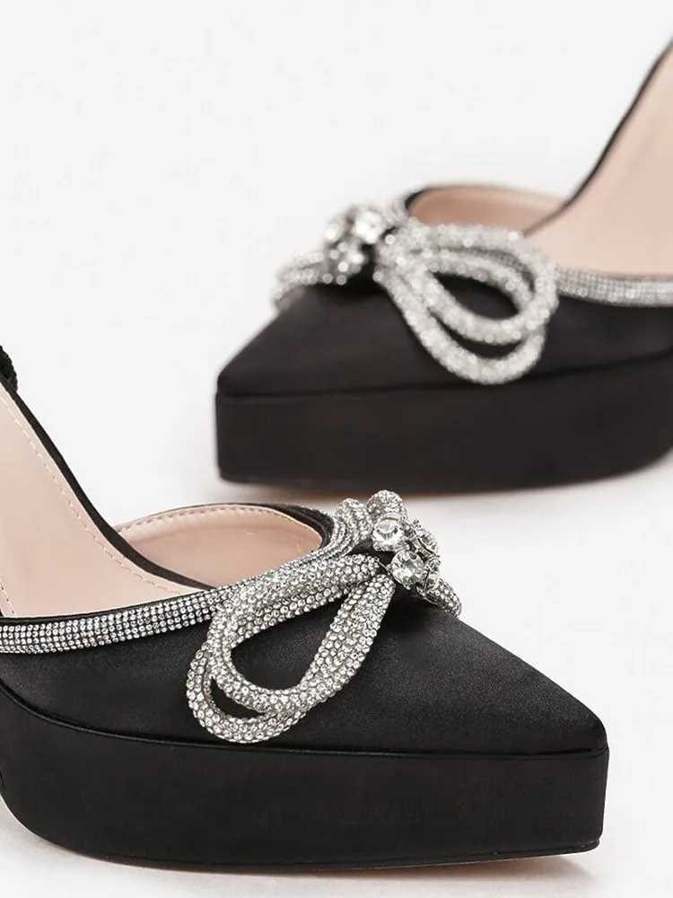 Toleet Satin Rhinestone Platform Bow Heels