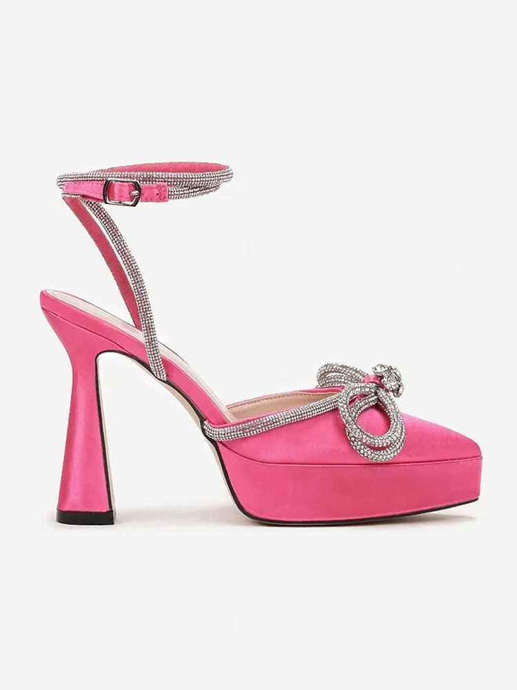 Toleet Satin Rhinestone Platform Bow Heels