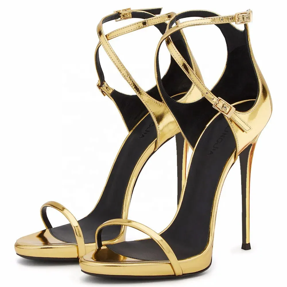 Trend4us Women's Gold Patent Leather Ankle Strap Stilettos Sandals