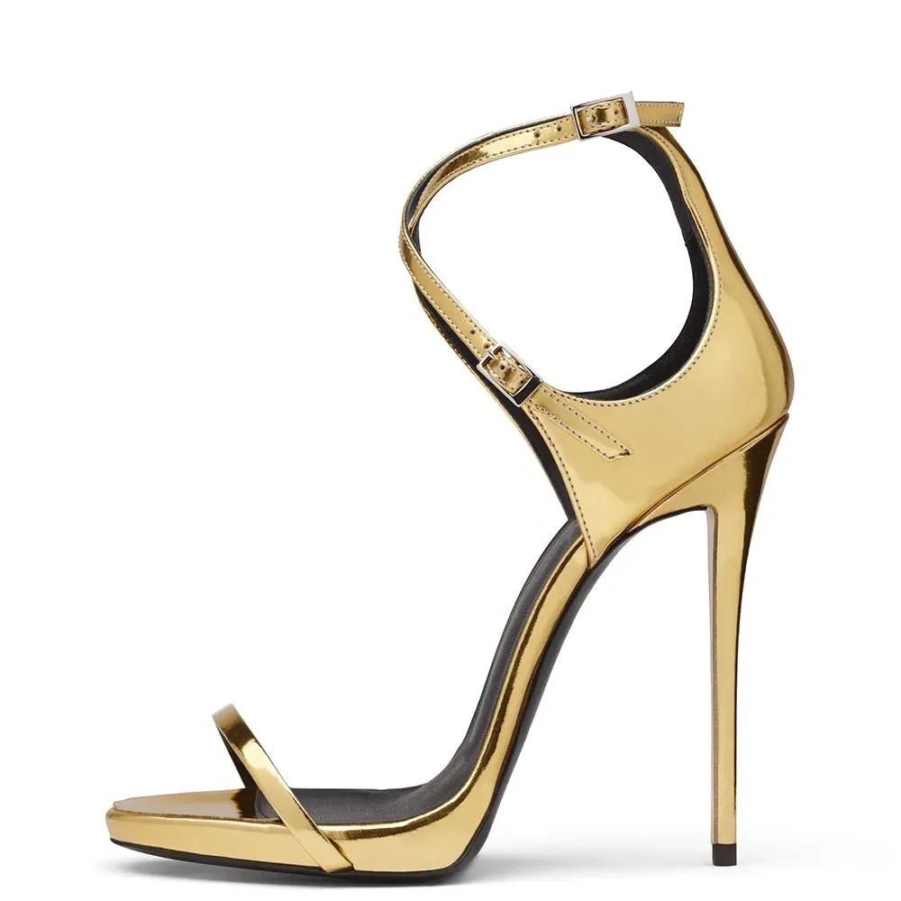 Trend4us Women's Gold Patent Leather Ankle Strap Stilettos Sandals