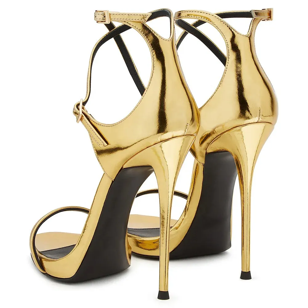Trend4us Women's Gold Patent Leather Ankle Strap Stilettos Sandals
