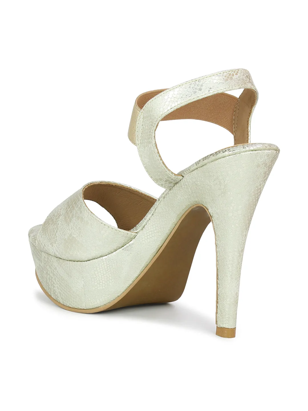 Women Gold Textured & Embellished Party Stiletto Sandals