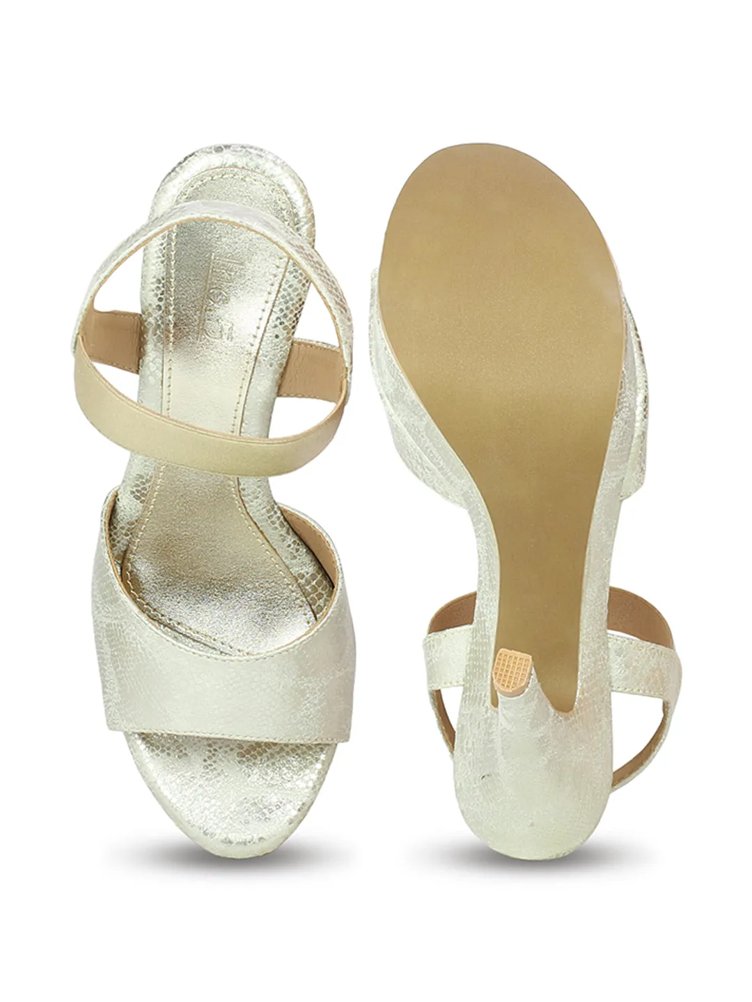 Women Gold Textured & Embellished Party Stiletto Sandals