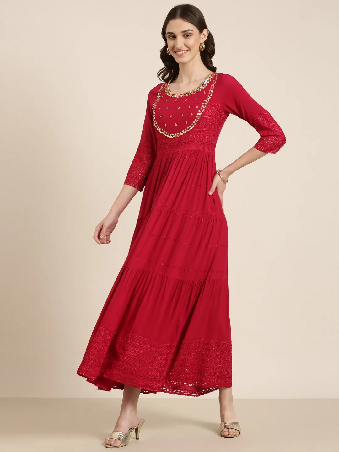 Women Maroon Embellished Fit and Flare Kurta