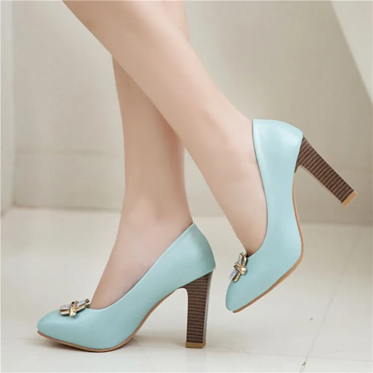 Women Rhinestone High Heels Block Pumps