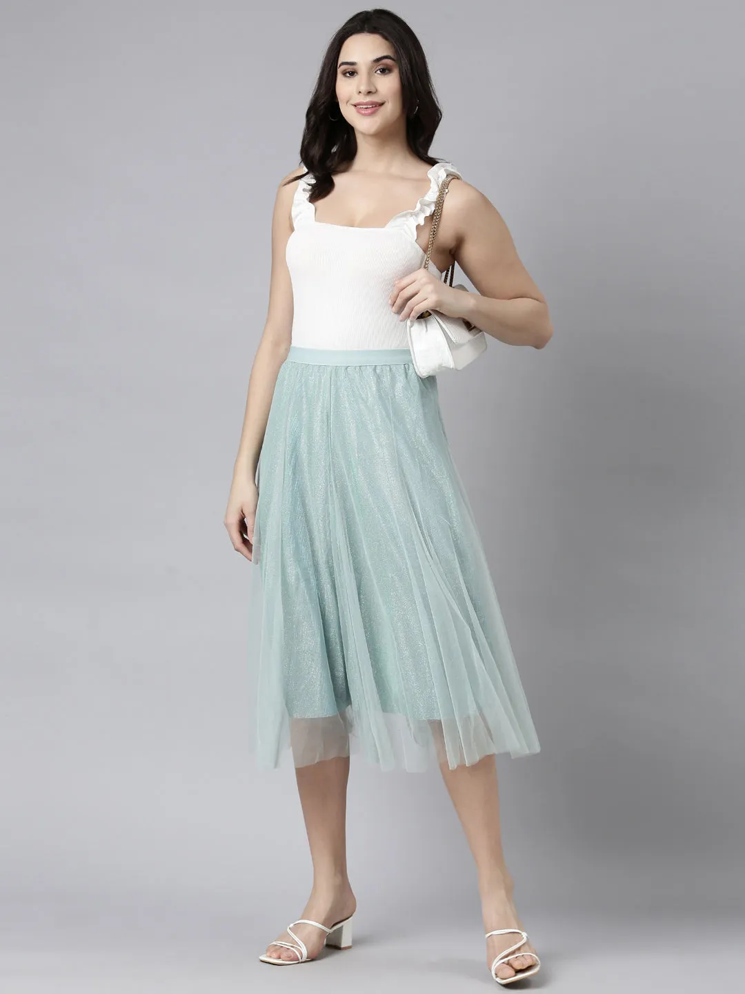 Women Solid Sea Green Flared Midi Sheer Skirt