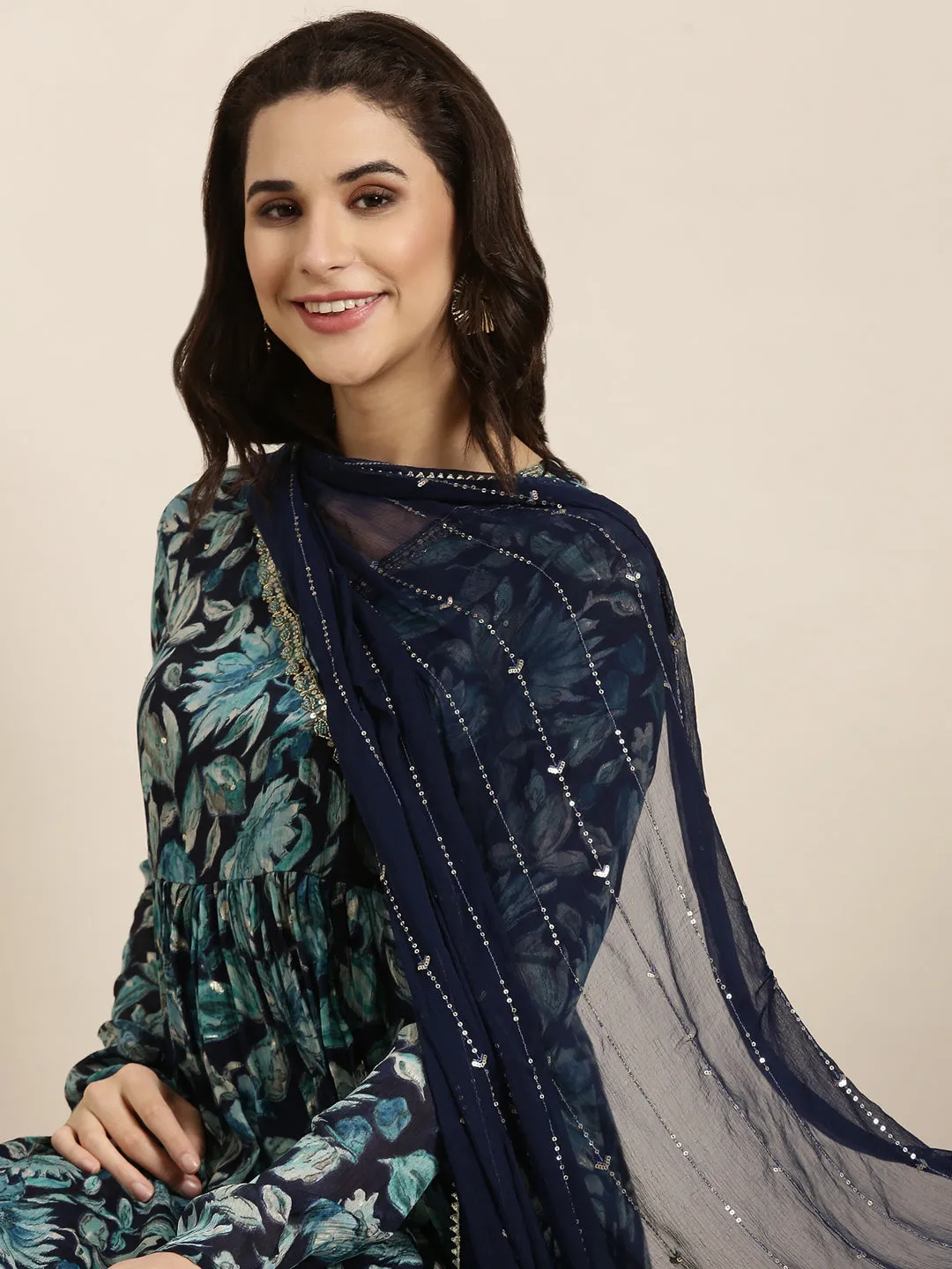 Women Straight Blue Floral Kurta and Trousers Set Comes With Dupatta