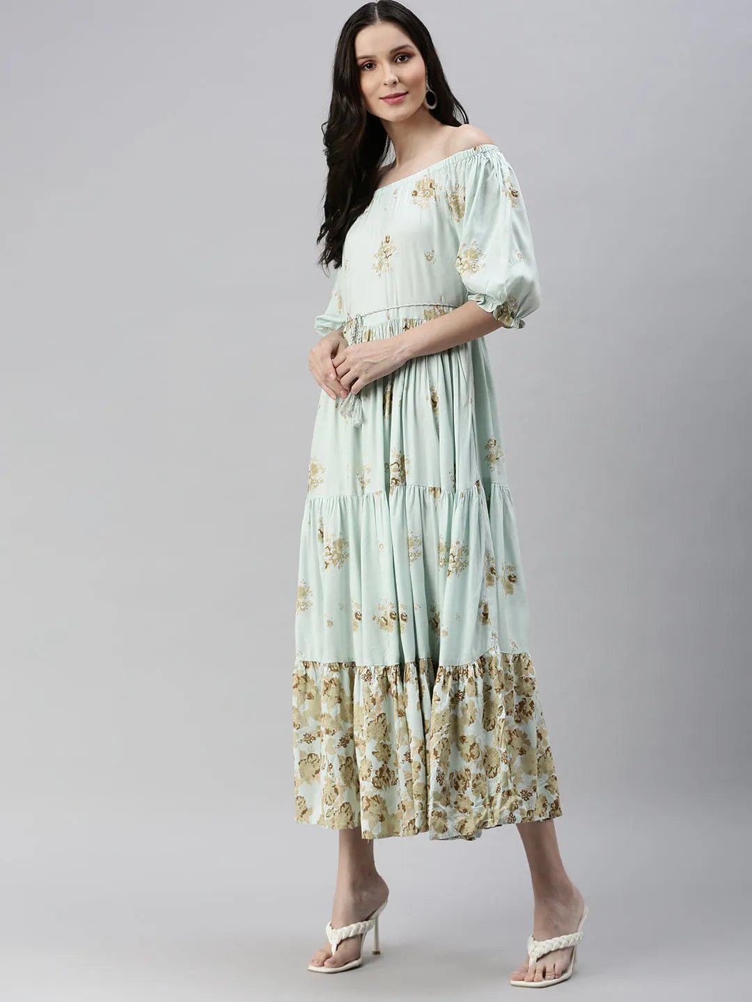 Women Turquoise Blue Printed Fit and Flare Dress