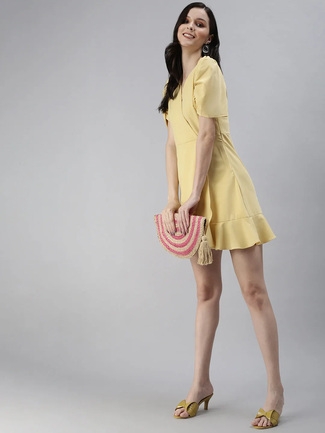 Women V-Neck Solid A-Line Yellow Dress