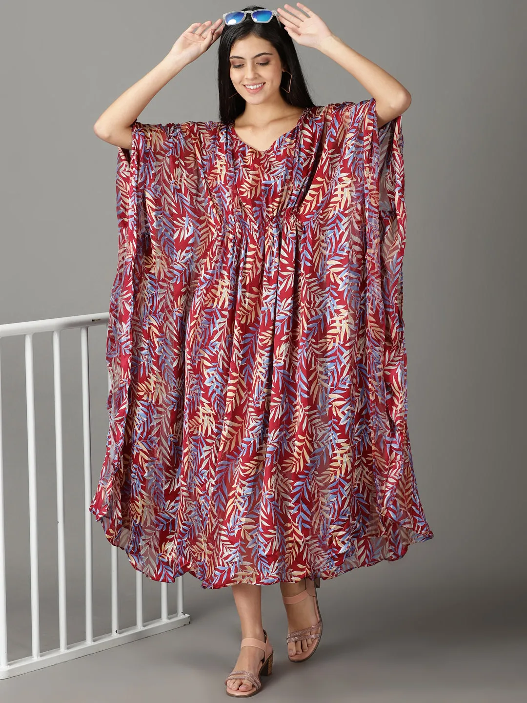 Women's Maroon Printed Kaftan Dress