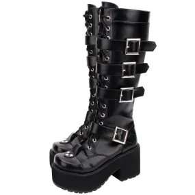 Women's Punk Gothic Buckle Straps Lace-Up High Boots
