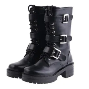 Women's Punk Lace-Up Buckle Straps Mid-Calf Boots