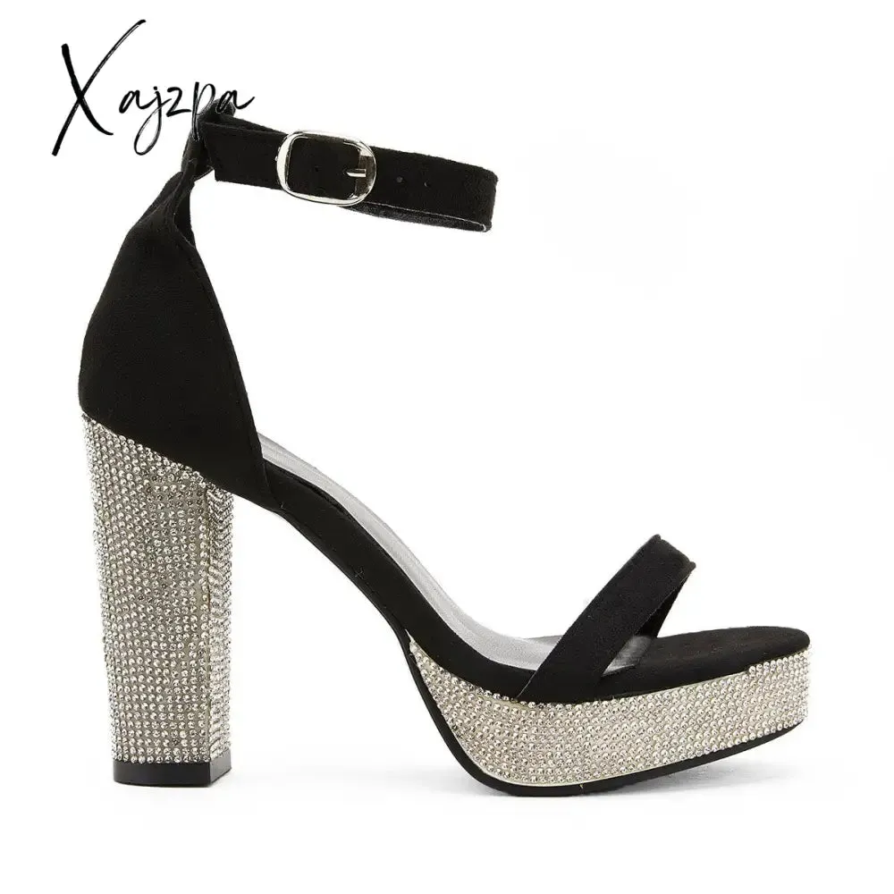 Xajzpa - Women's Rhinestone Heels Slip On Platform Chunky Heels Adjustable Belt Party Pumps Sandals
