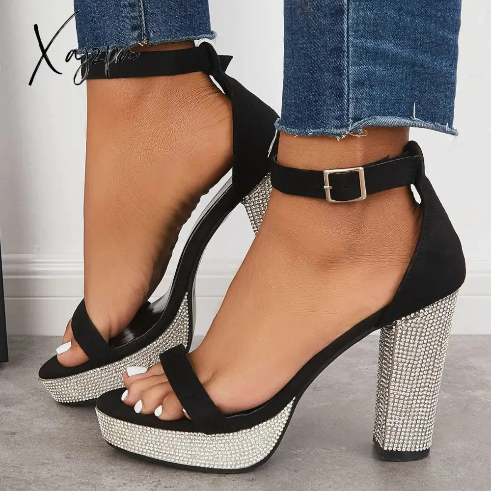 Xajzpa - Women's Rhinestone Heels Slip On Platform Chunky Heels Adjustable Belt Party Pumps Sandals
