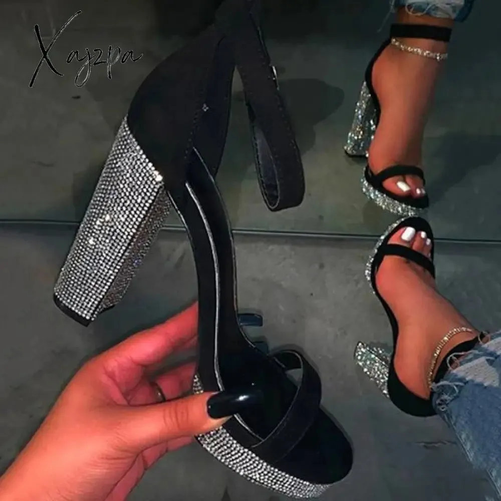 Xajzpa - Women's Rhinestone Heels Slip On Platform Chunky Heels Adjustable Belt Party Pumps Sandals