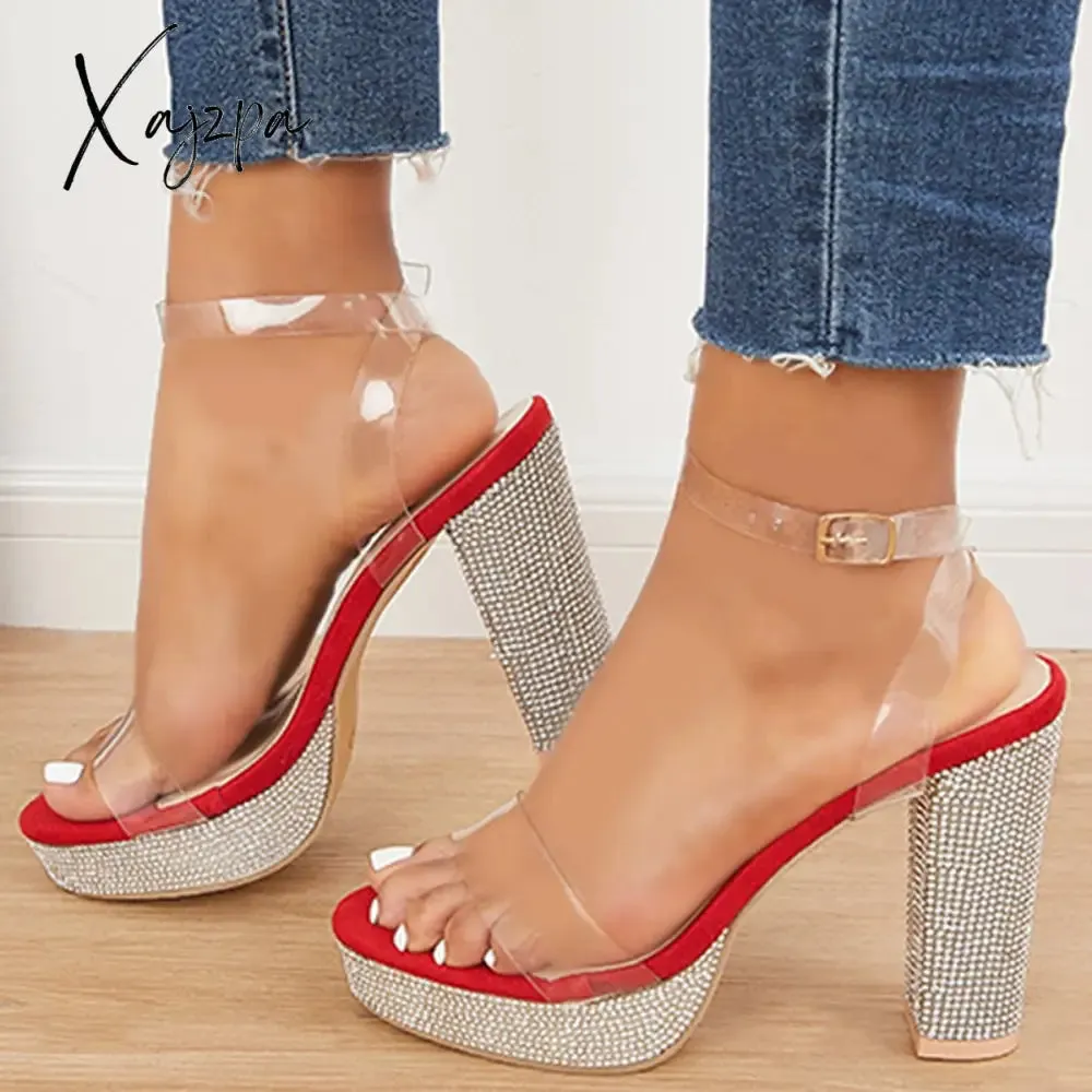 Xajzpa - Women's Rhinestone Heels Slip On Platform Chunky Heels Adjustable Belt Party Pumps Sandals