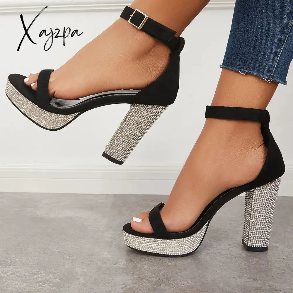 Xajzpa - Women's Rhinestone Heels Slip On Platform Chunky Heels Adjustable Belt Party Pumps Sandals