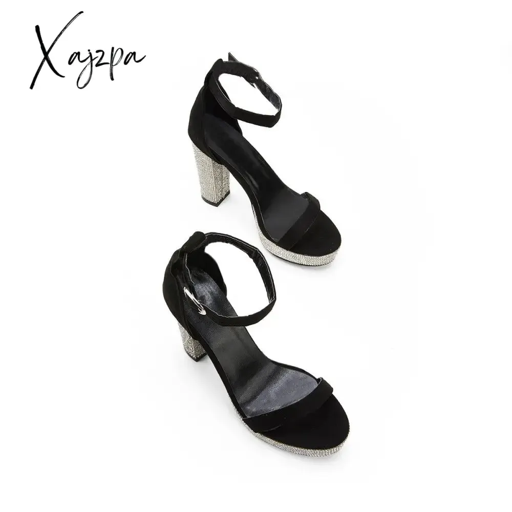Xajzpa - Women's Rhinestone Heels Slip On Platform Chunky Heels Adjustable Belt Party Pumps Sandals