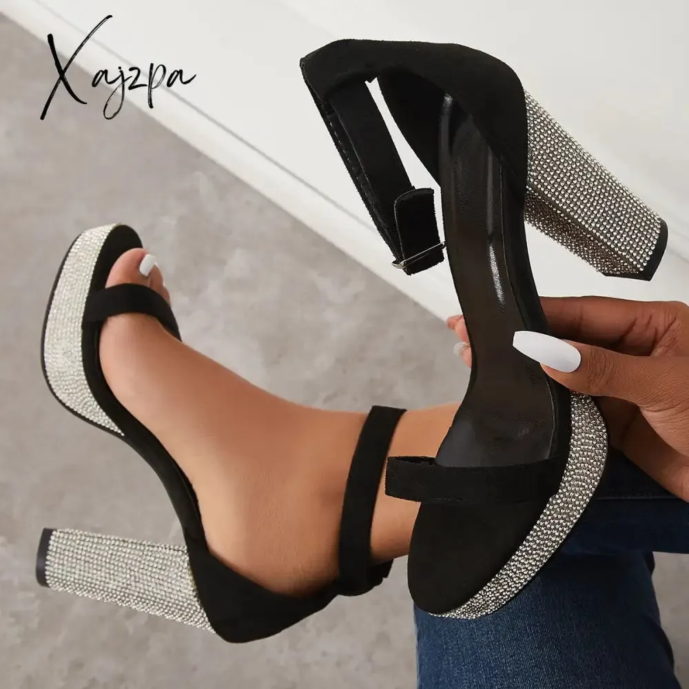 Xajzpa - Women's Rhinestone Heels Slip On Platform Chunky Heels Adjustable Belt Party Pumps Sandals