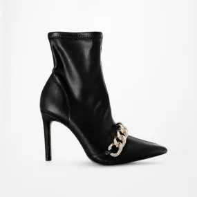 Zara Black Faux Leather Gold Chain Pointy Toe Stiletto Bootie Boots Heel