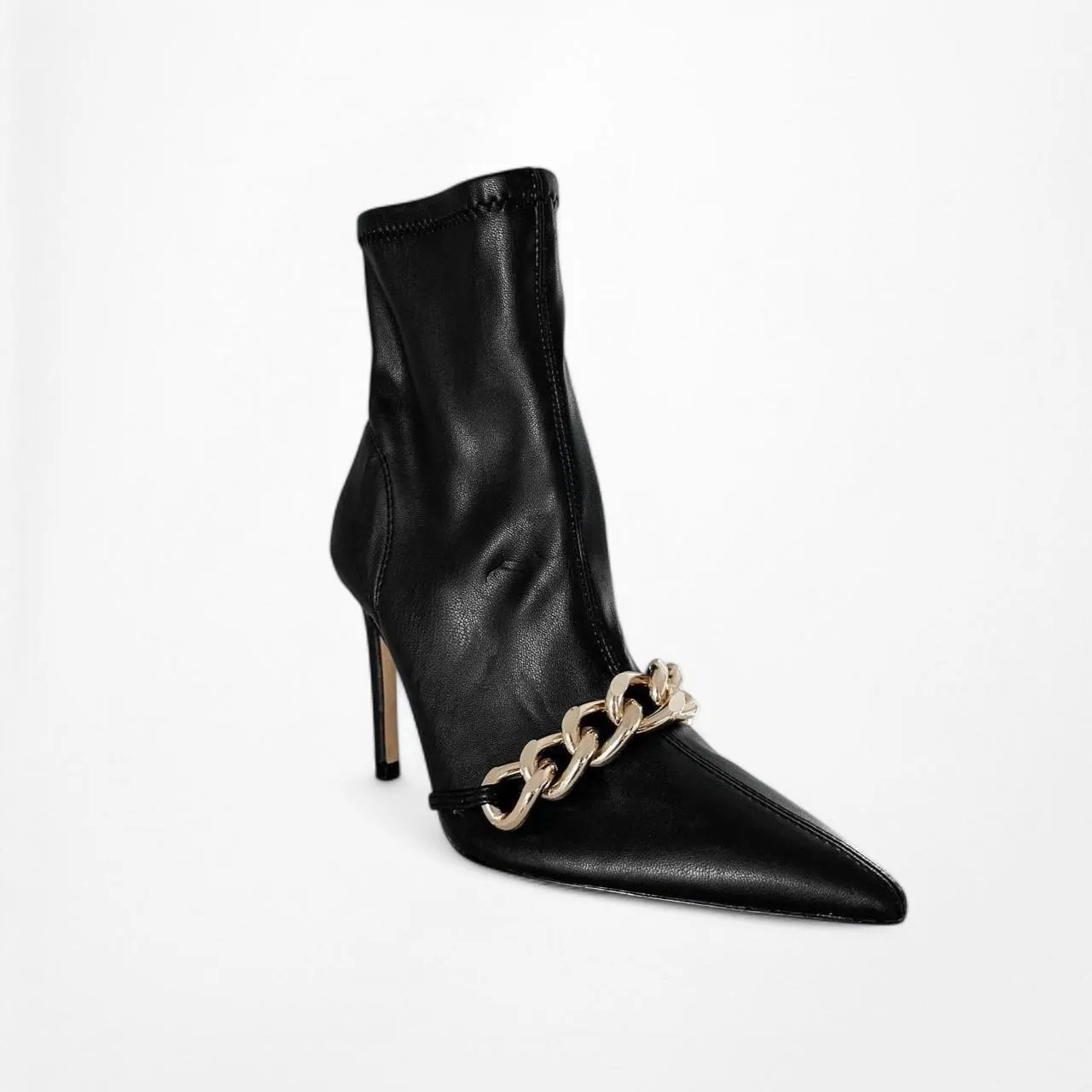 Zara Black Faux Leather Gold Chain Pointy Toe Stiletto Bootie Boots Heel