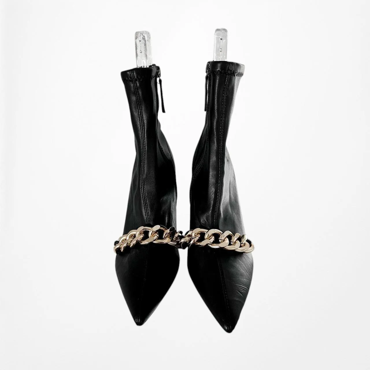 Zara Black Faux Leather Gold Chain Pointy Toe Stiletto Bootie Boots Heel