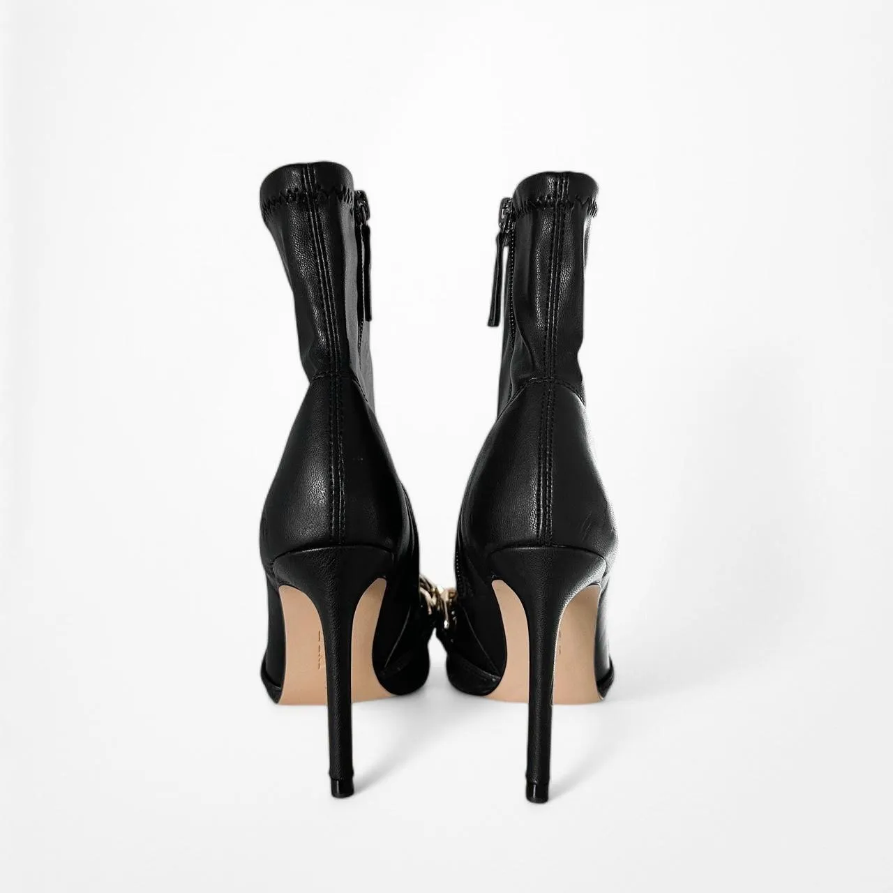Zara Black Faux Leather Gold Chain Pointy Toe Stiletto Bootie Boots Heel